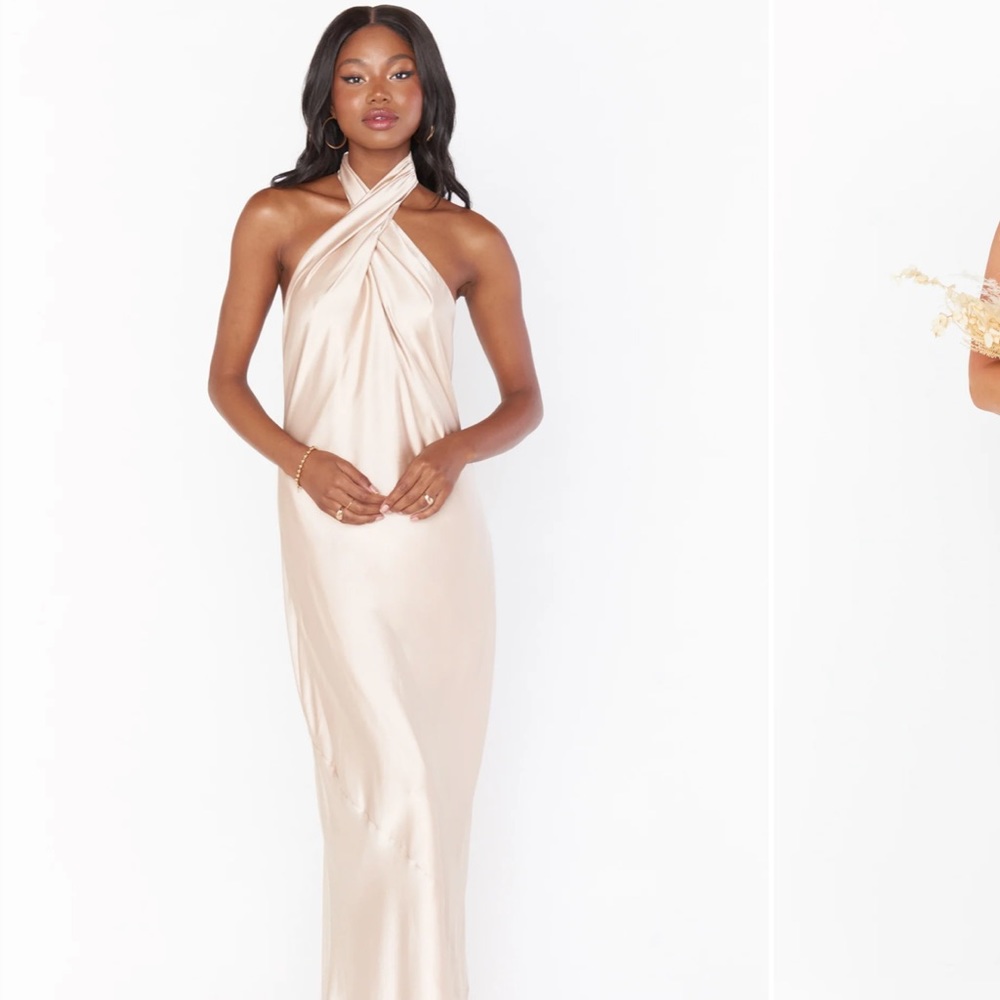 Show Me Your Mumu Jasmine Halter Dress in Champagne Luxe Satin